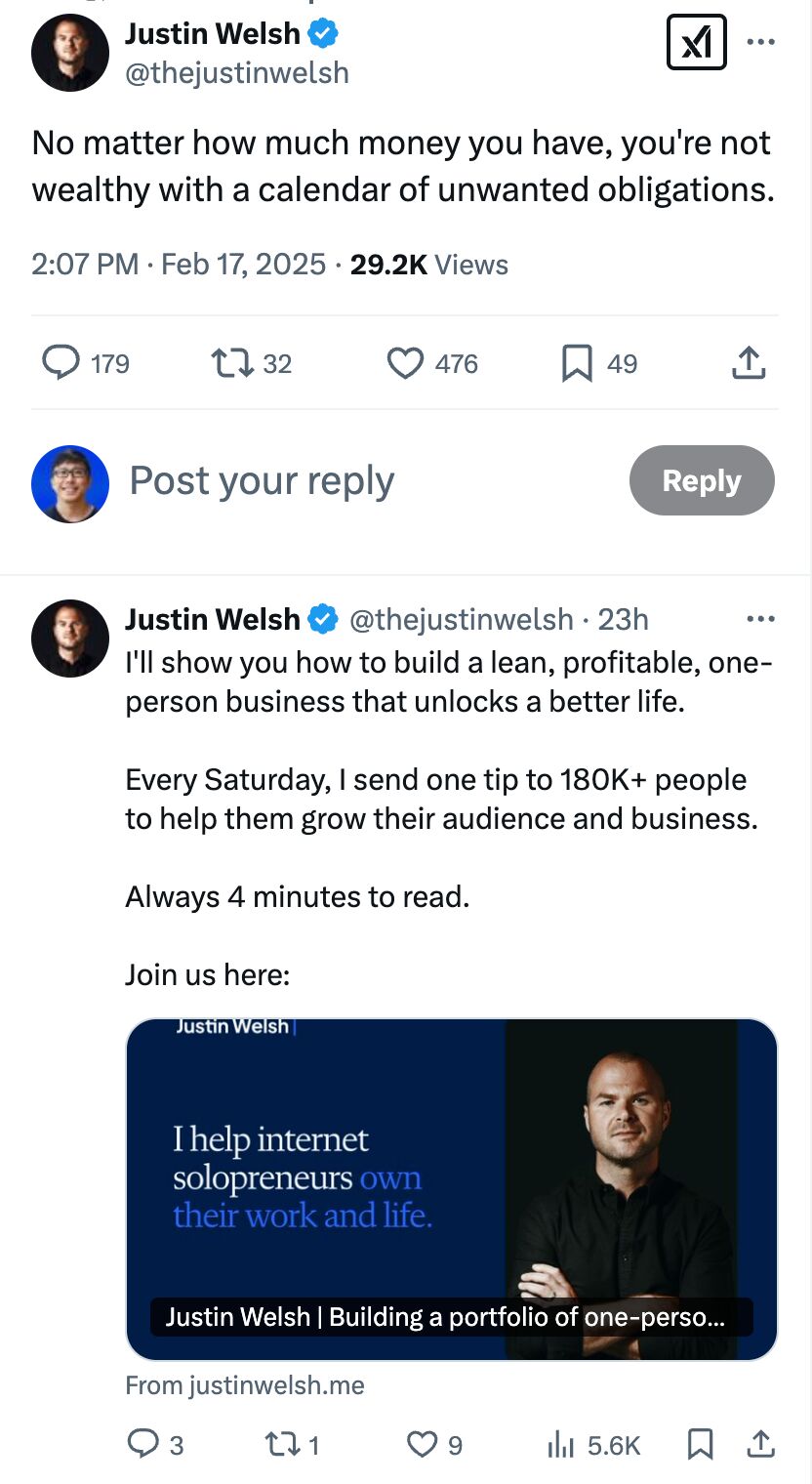 Justin Welsh sends his Twitter followers to his email list