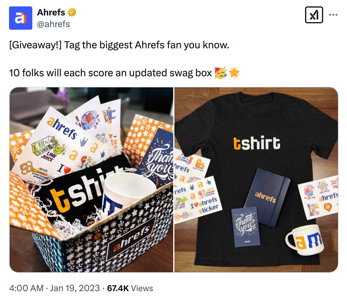 Our main Ahrefs Twitter account running a swag giveaway