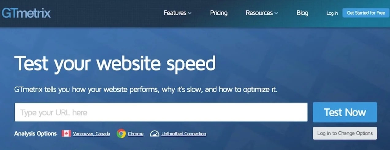 GTmetrix homepage with an area to enter your URL and run a speed test