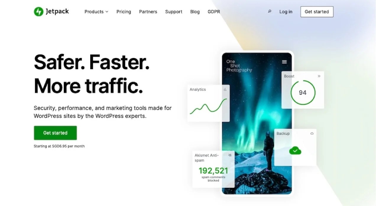 Jetpack homepage with the text "Safer. Faster. More traffic."