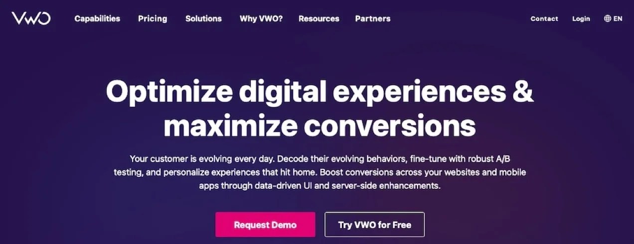 VWO homepage with the text "optimize digital experiences..."