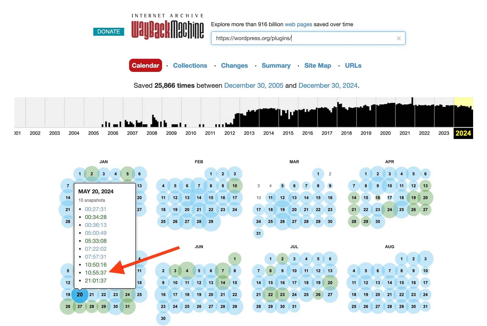 The Wayback Machine showing the exact timestamp when the WordPress repository stopped publishing the exact number of plugins available.