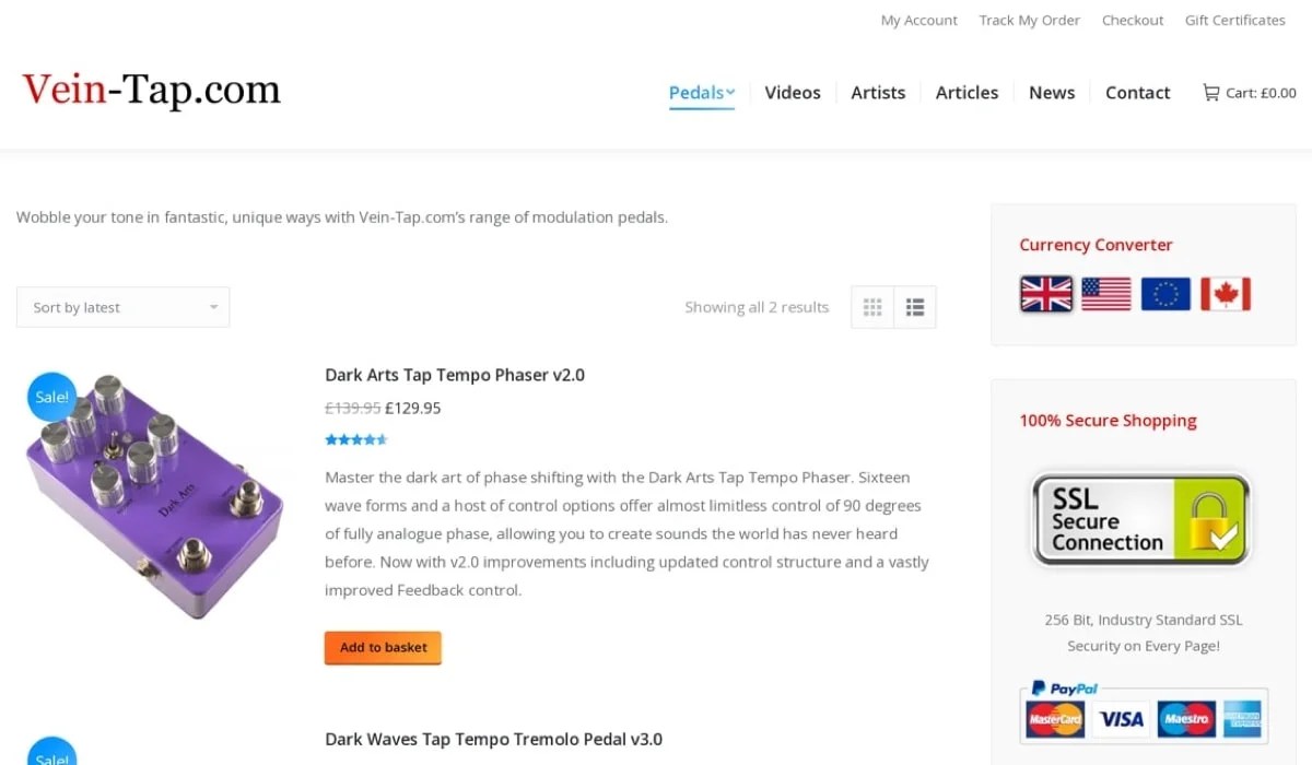 Vein-Tap.com website with currency converter options in the sidebar