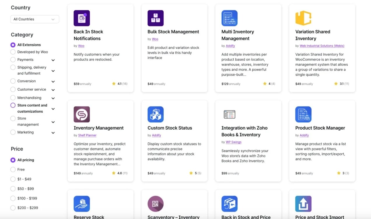 grid of extensions from the WooCommerce library