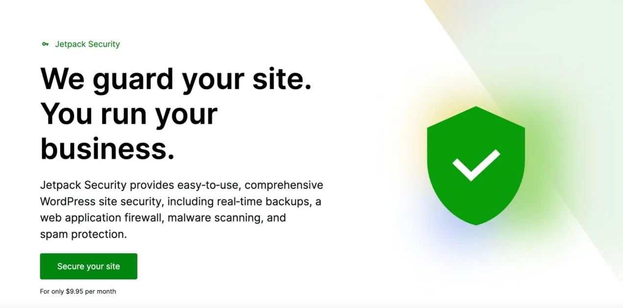Jetpack Security homepage with the text "We guard your site. You run your business"