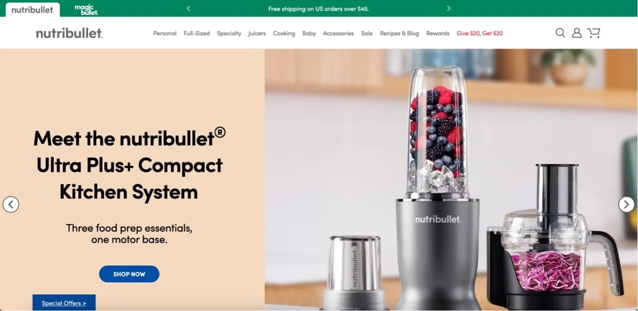 Nutribullet homepage with a clear CTA button that says "Shop Now"