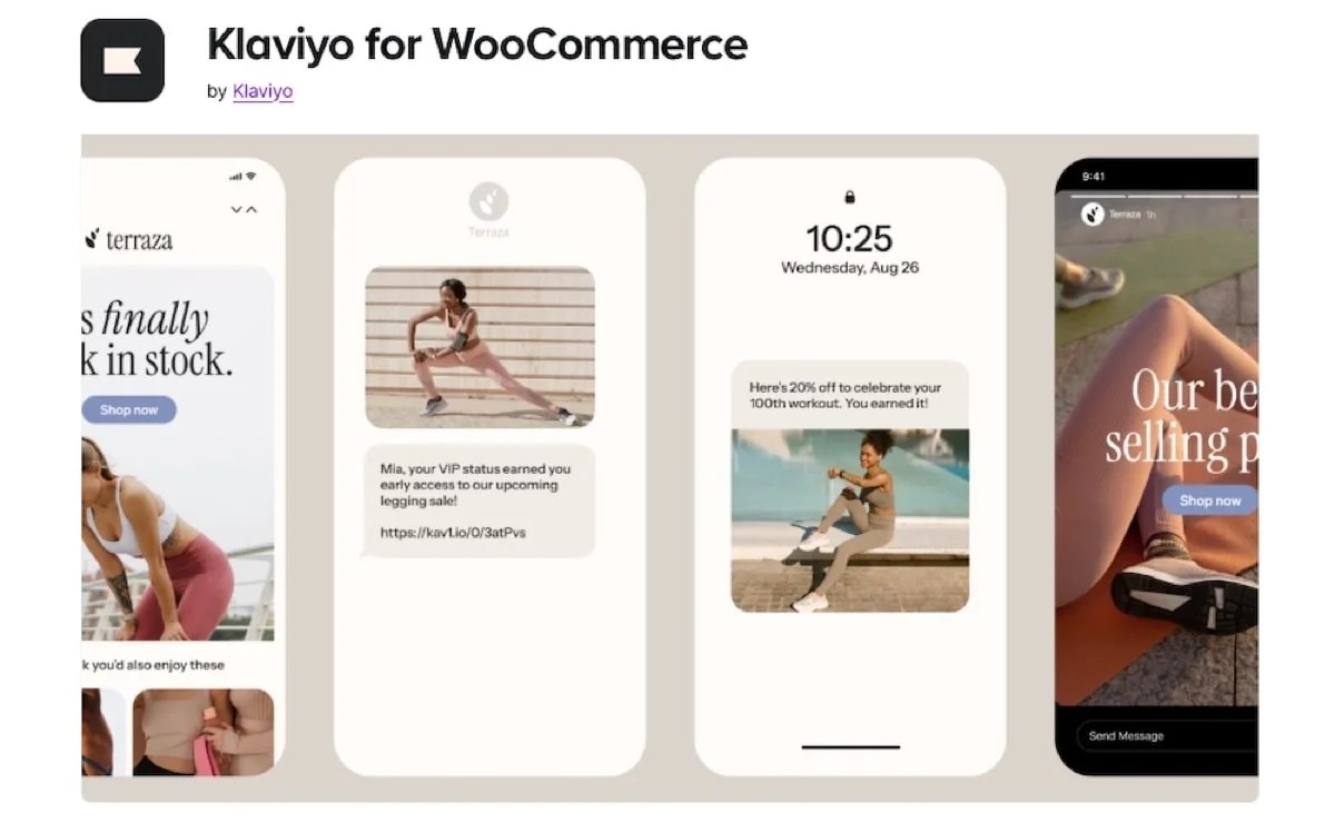 Klaviyo for WooCommerce extension page with screenshots of the tool in action
