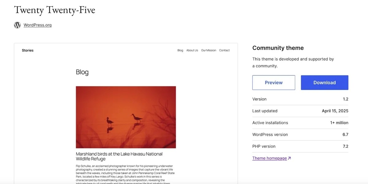 the Twenty Twenty-Five theme page from WordPress.org
