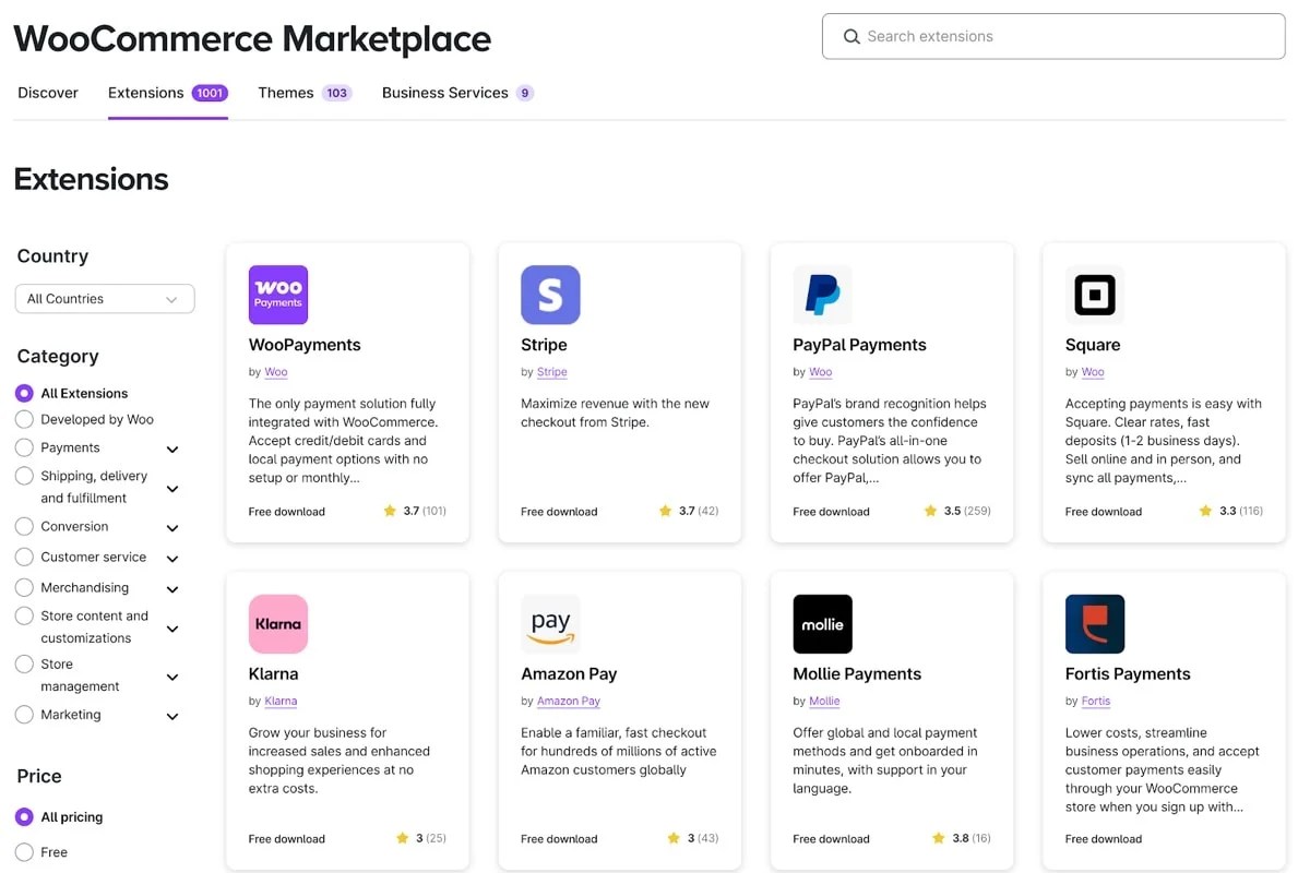 extensions in the WooCommerce Marketplace