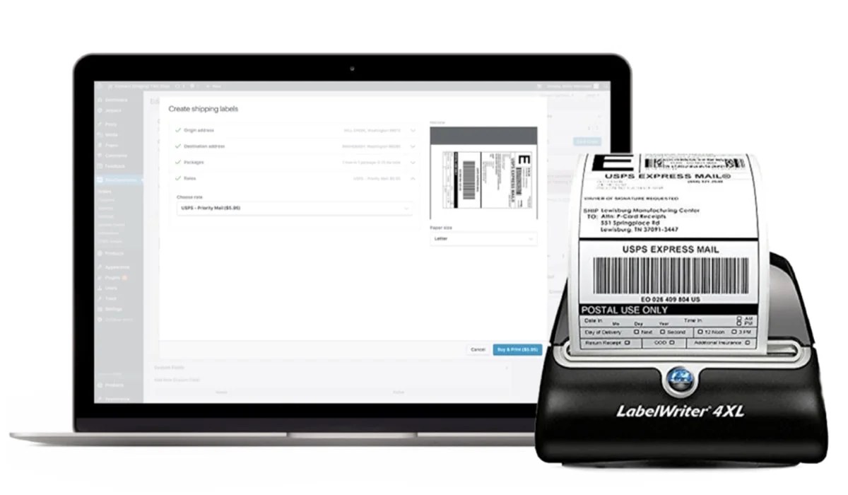 shipping label screen next to a label printer