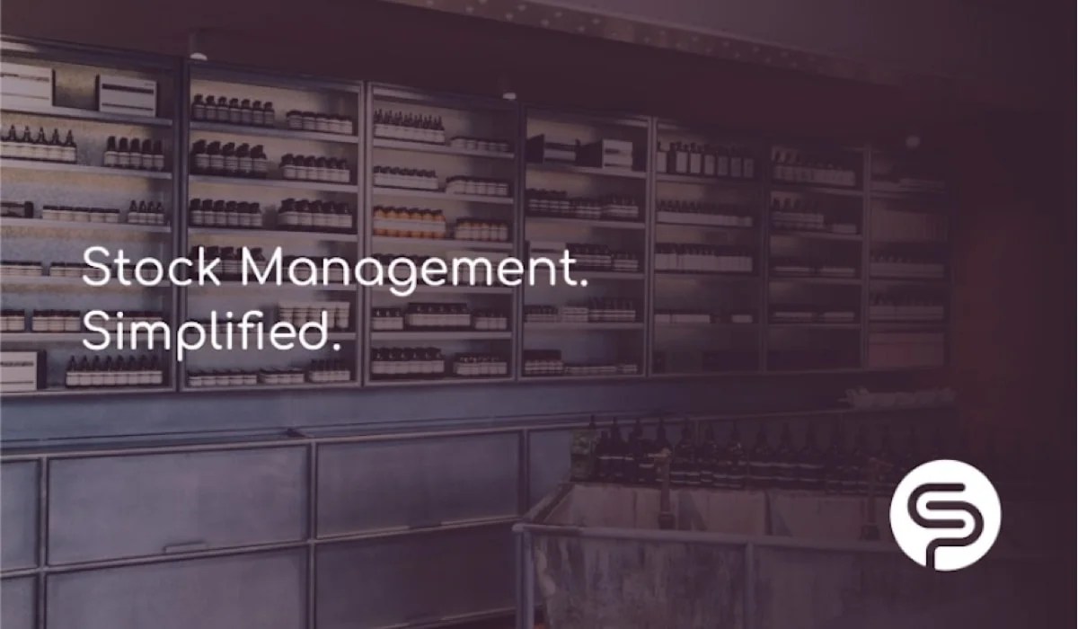 photo with dark overlay that says "Stock management, simplified"