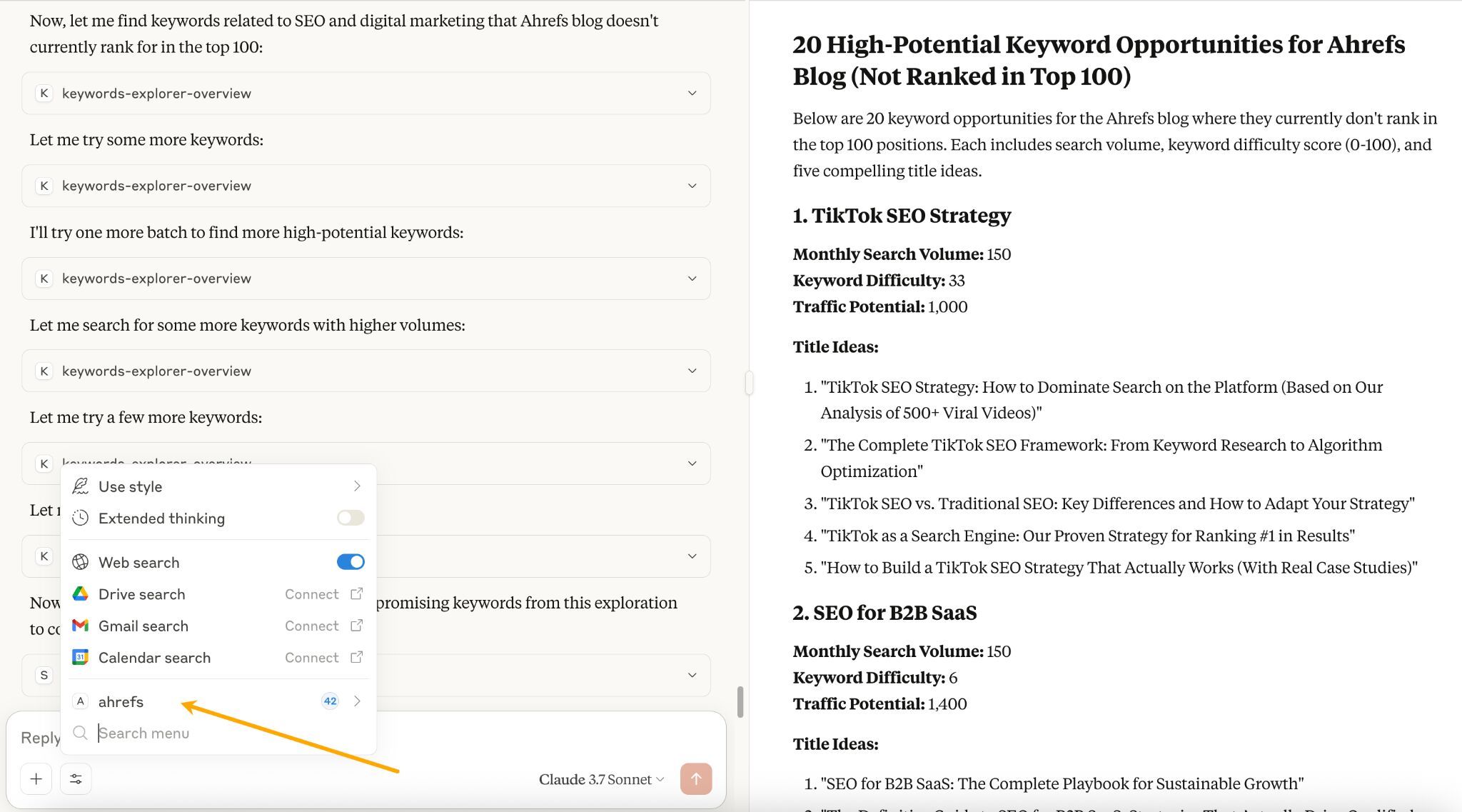 Screenshot of the Ahrefs tool showing an AI chatbot interface on the left and a list of high-potential keyword opportunities on the right. 