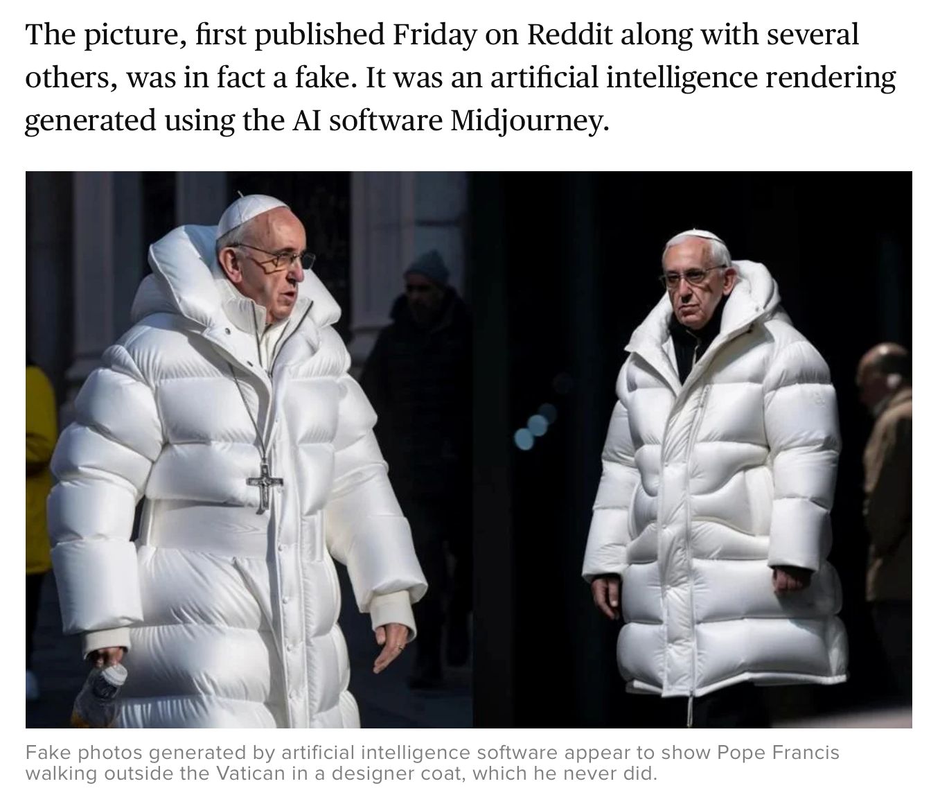 Two side-by-side, AI-generated images of Pope Francis wearing a large, stylish white puffer jacket, which went viral on social media. 