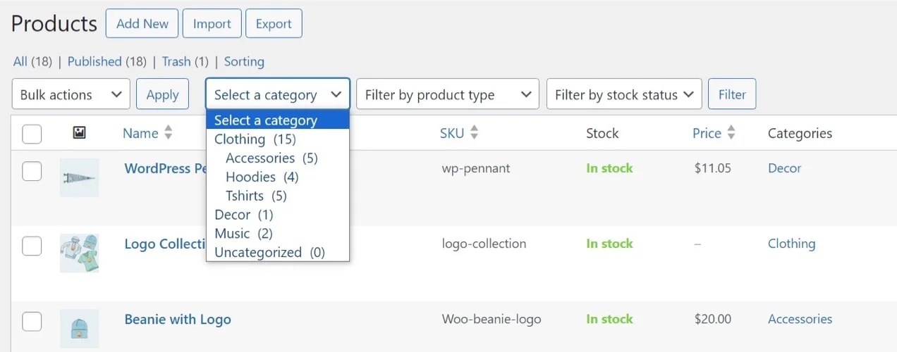 selecting a category of products