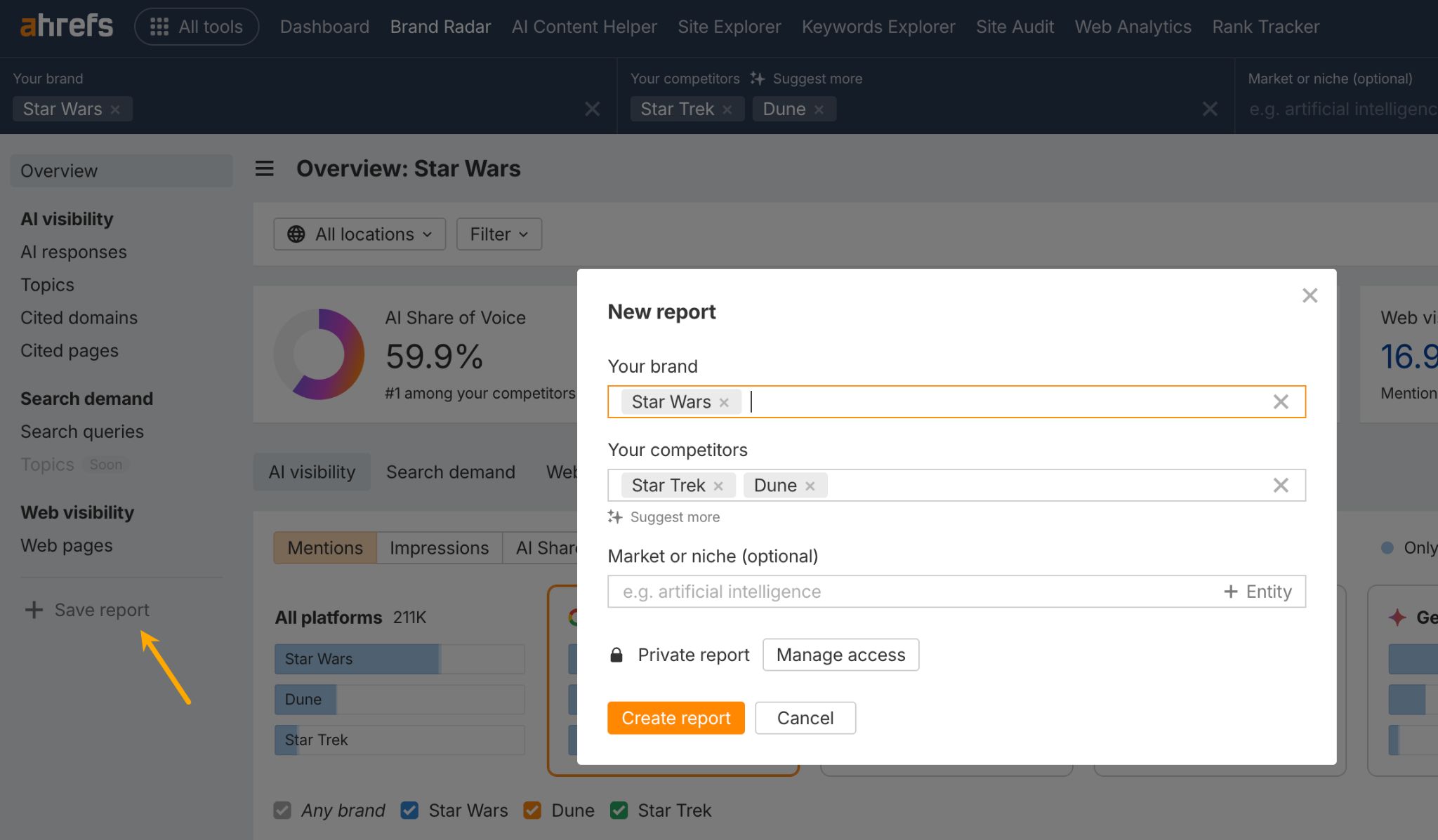 A screenshot showing how to save a report in Ahrefs Brand Radar. An arrow points to the "Save report" button, and a pop-up window prompts the user to name the new report and confirm the brands being tracked.