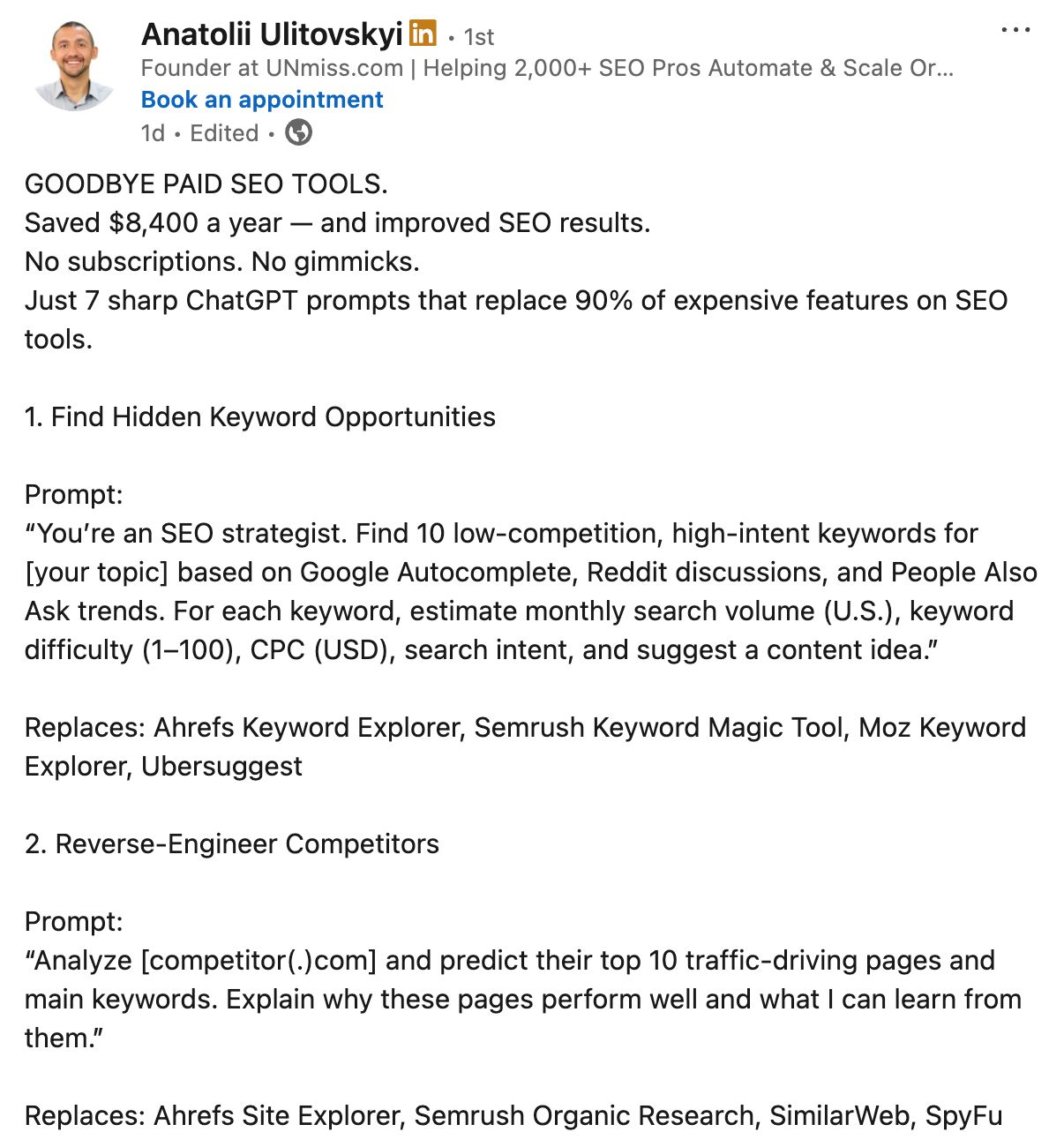 LinkedIn post saying you can replace paid SEO tools with ChatGPT