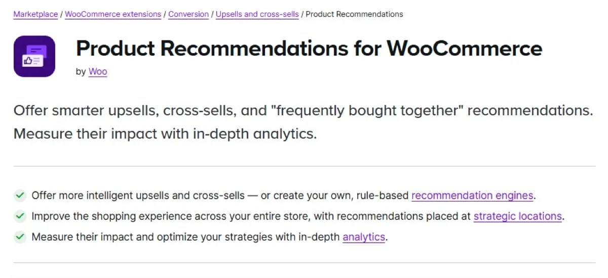 Product Recommendations for WooCommerce extension page
