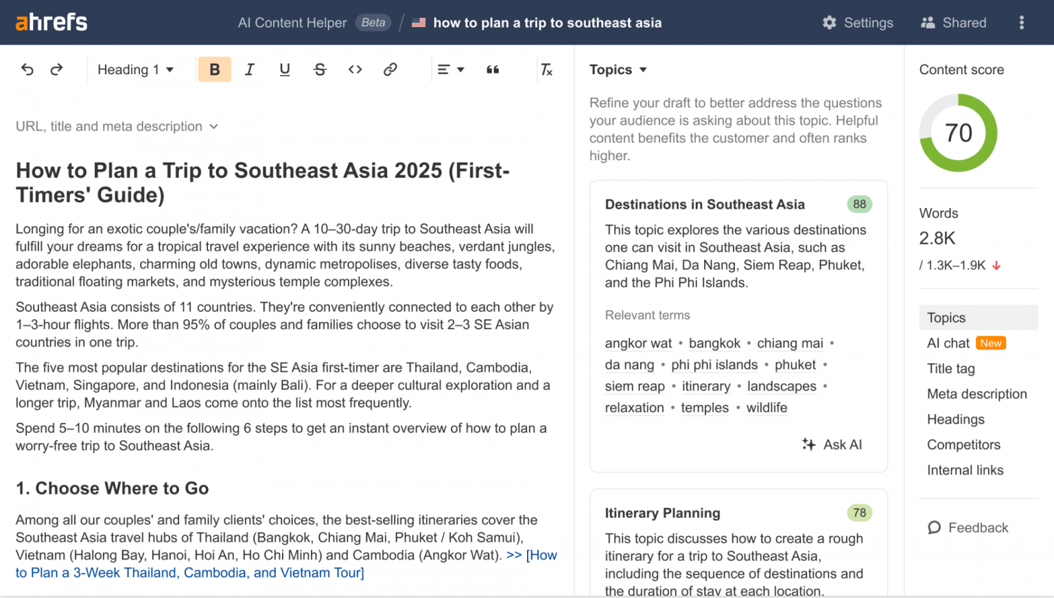 Using AI Content Helper to optimize an article and cover all sub-topics within it.
