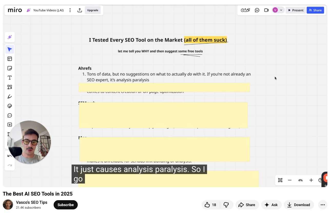 Screenshot from YouTube video 'I Tested Every SEO Tool on the Market' showing critical commentary about Ahrefs causing 'analysis paralysis'