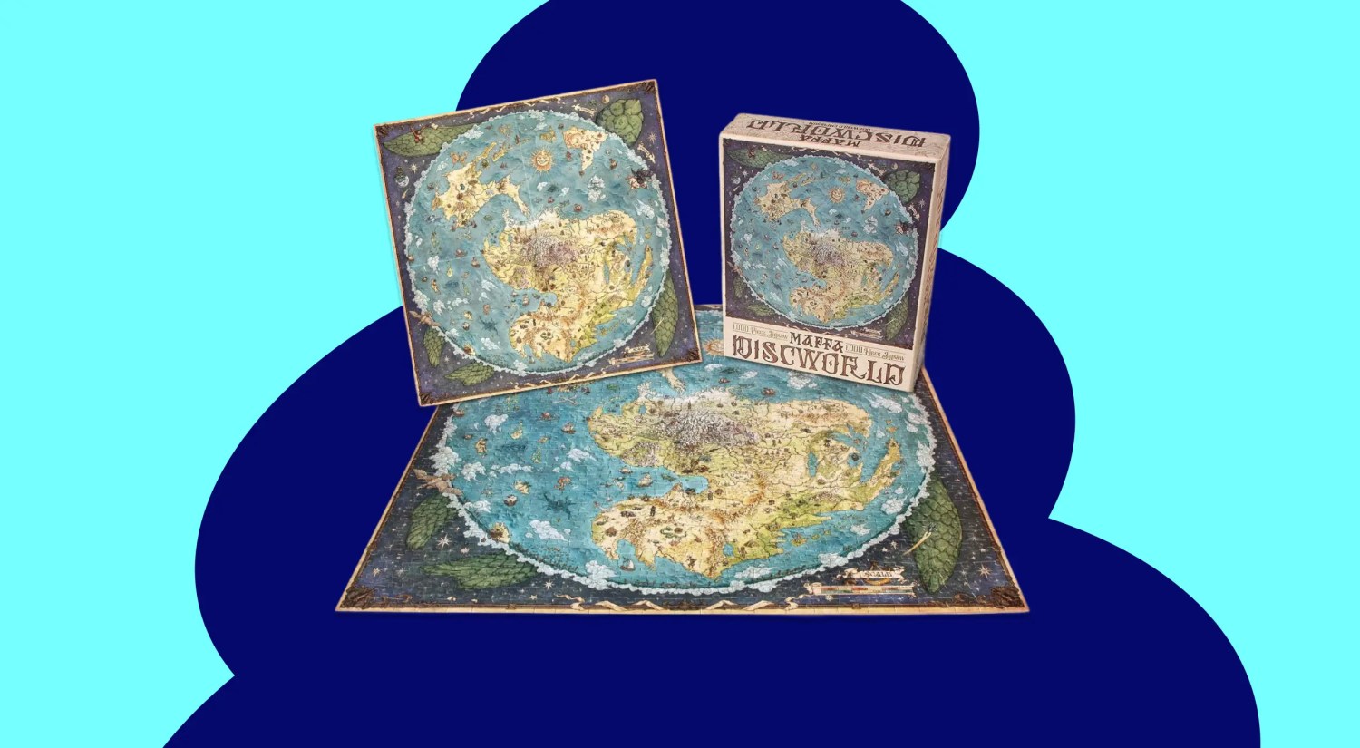a photo of a map puzzle and its box on a light and dark blue background