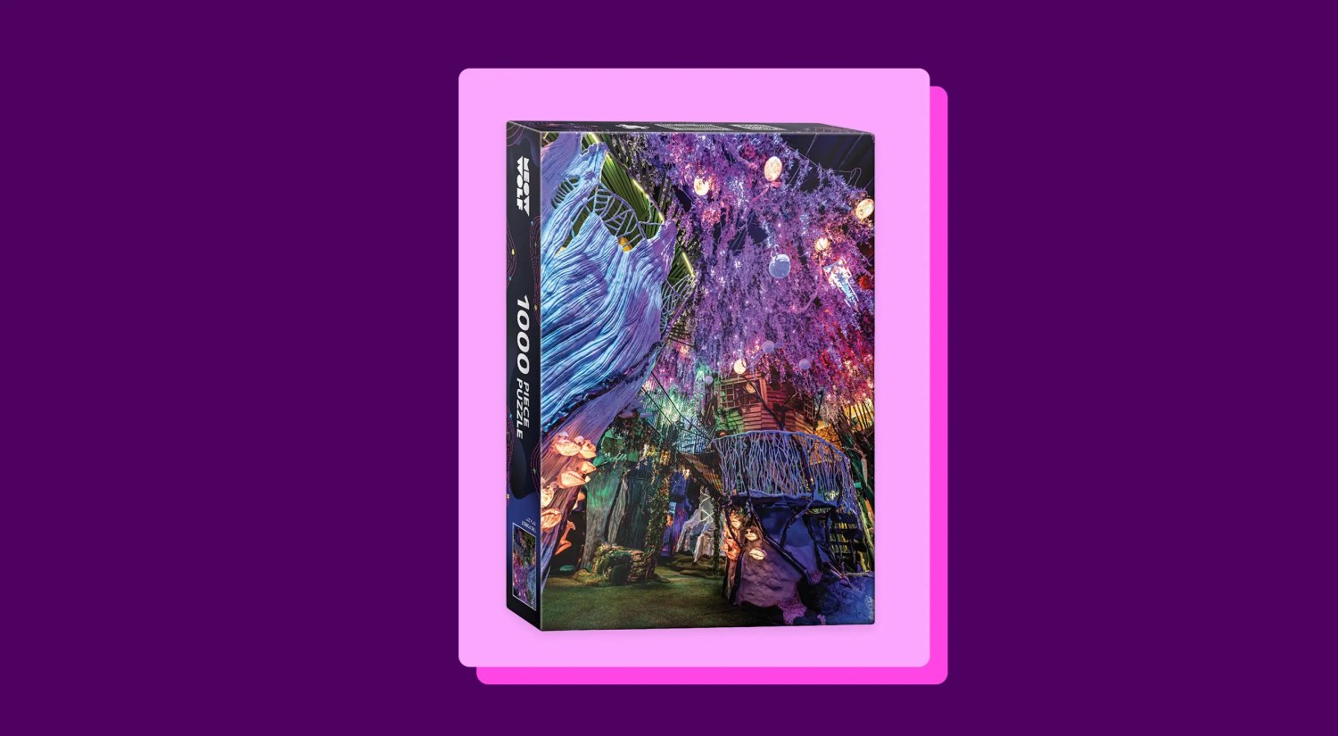 a photo of a multicolored puzzle box on a light and dark pink background