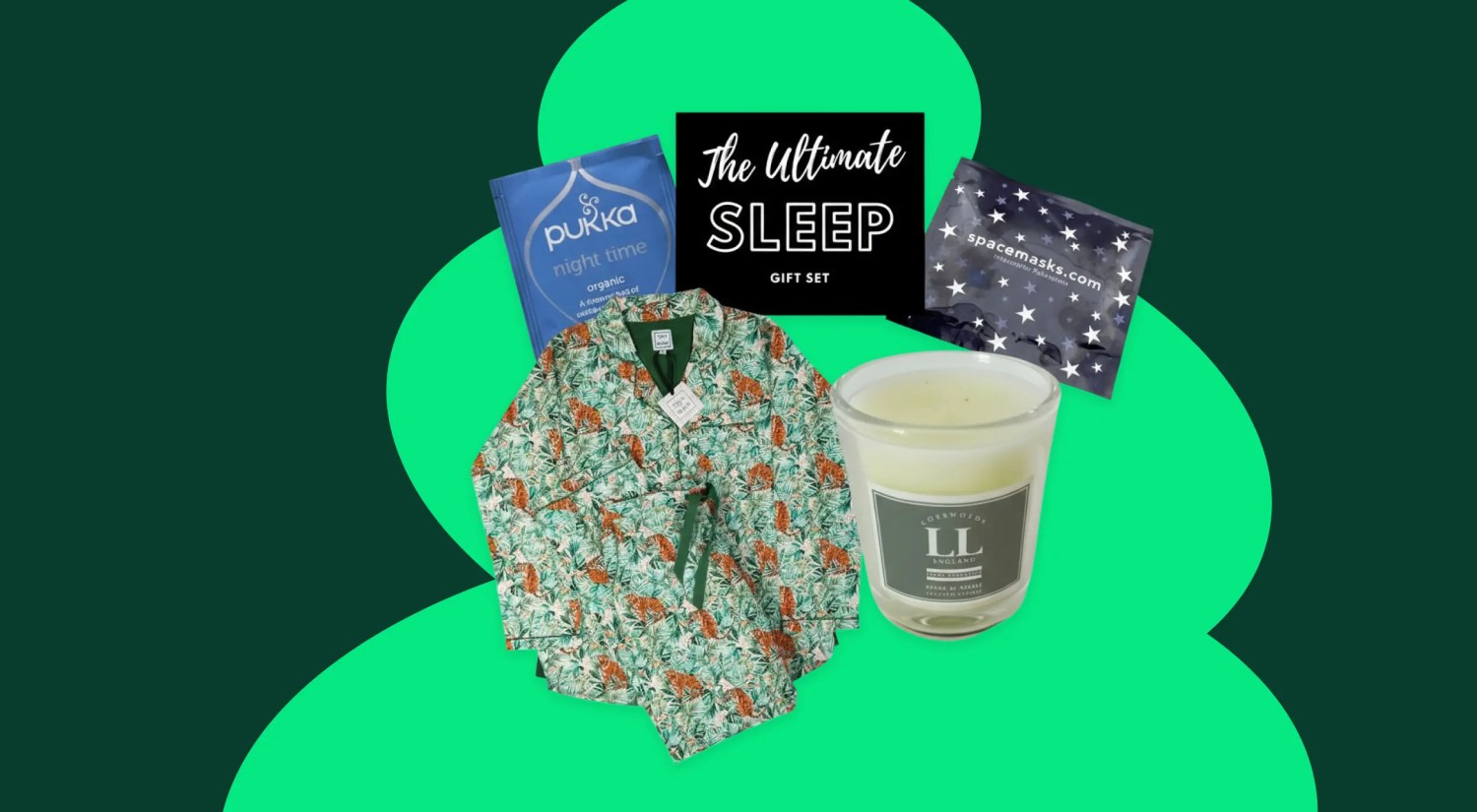 pajamas, a candle, tea from Lola and Blake on a dark and light green background