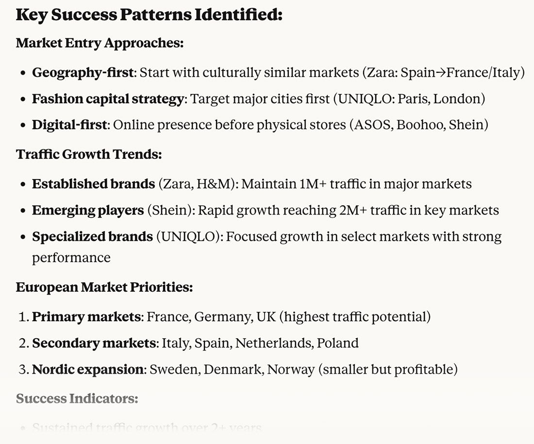 Text outlining key success patterns, including market entry, traffic growth, European market priorities, and success indicators for fashion brands.