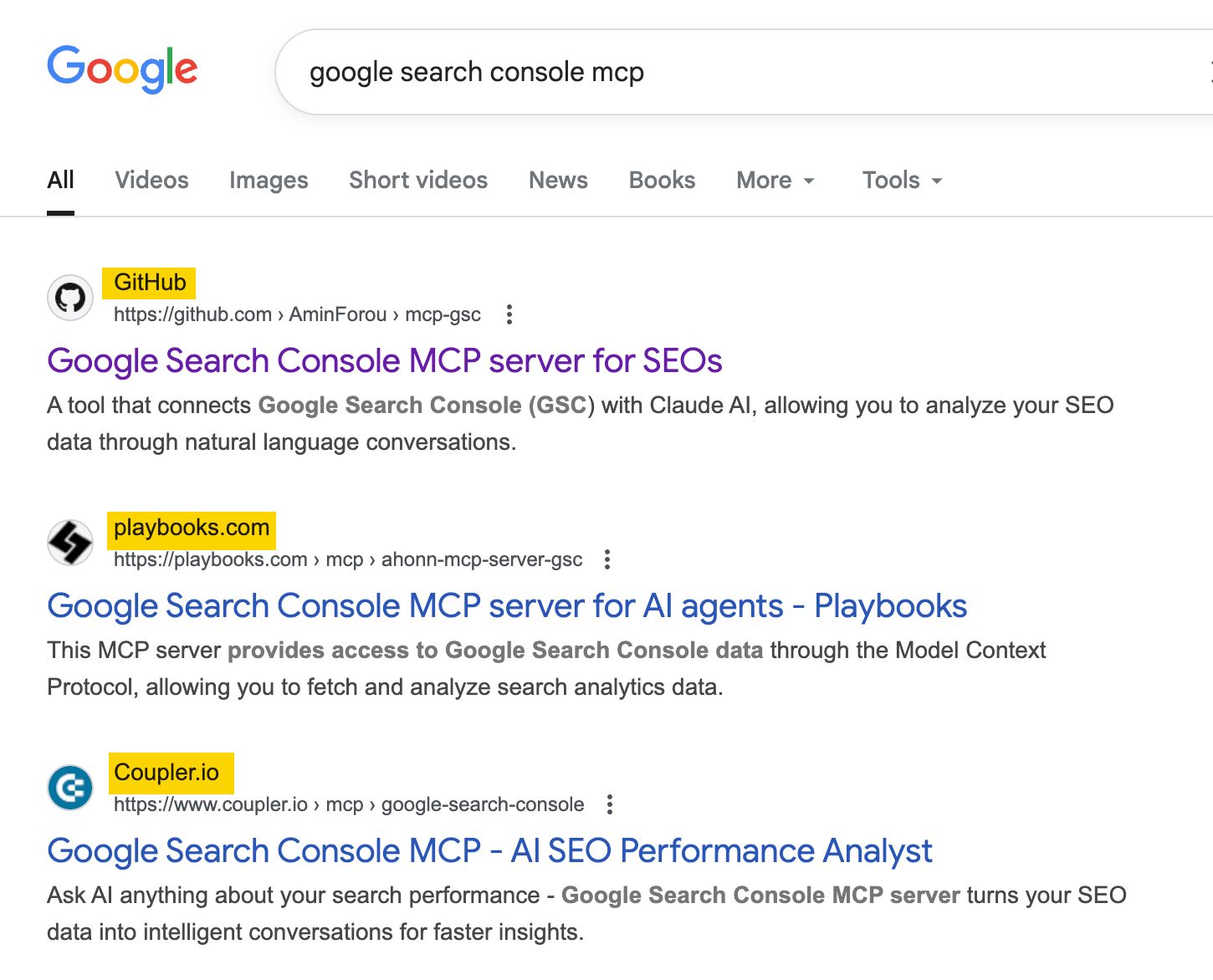 Google search results for "google search console mcp". Shows results related to MCP servers for SEO and AI analysis.