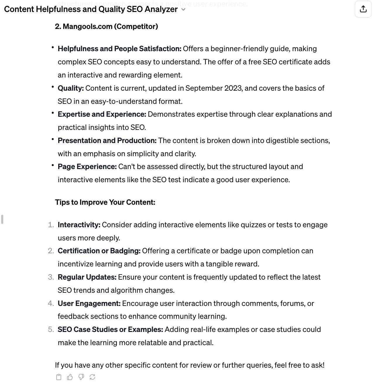 Aleyda Solis’ Content Helpfulness and Quality SEO Analyzer showing an SEO content analysis for Mangools.com showing helpfulness, quality, expertise, presentation ratings and tips for content improvement.