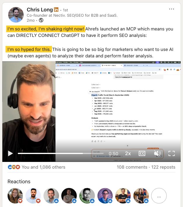 LinkedIn post by Chris Long announcing Ahrefs' MCP launch for connecting ChatGPT to perform SEO analysis, with video screenshot showing analytics data.