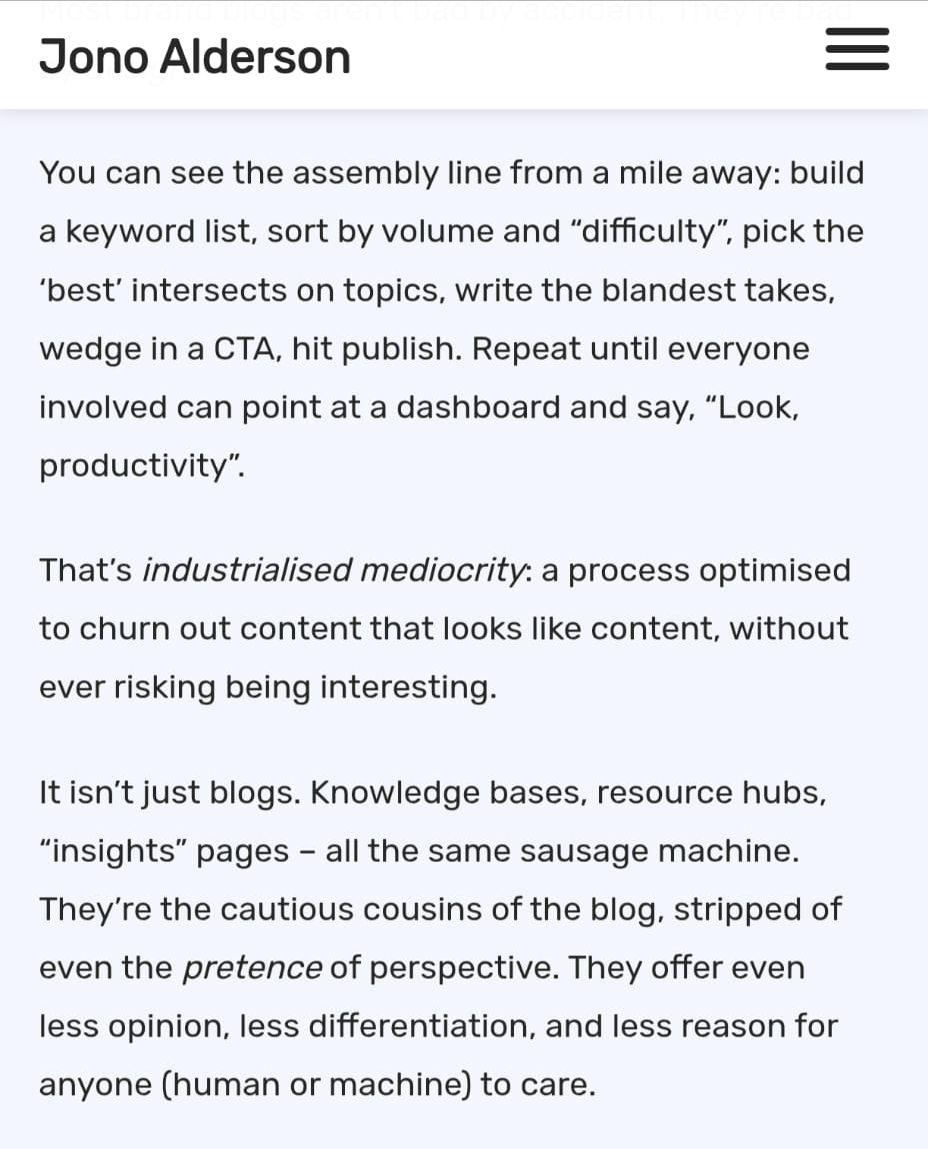 Text excerpt criticizing industrialized content creation that prioritizes volume over quality and perspective.