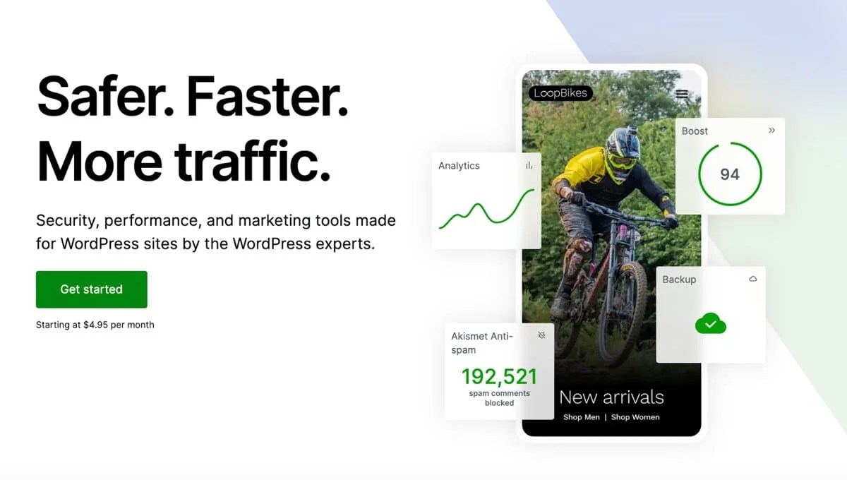 Jetpack homepage with the text "Safer. Faster. More traffic."