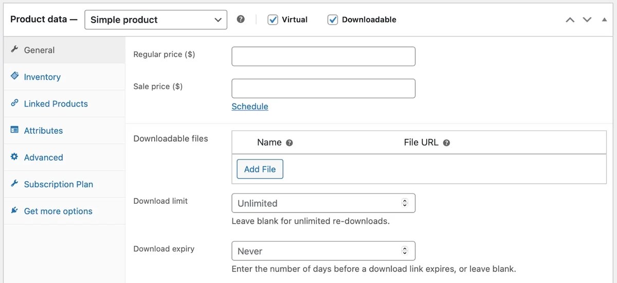 options for downloadable products