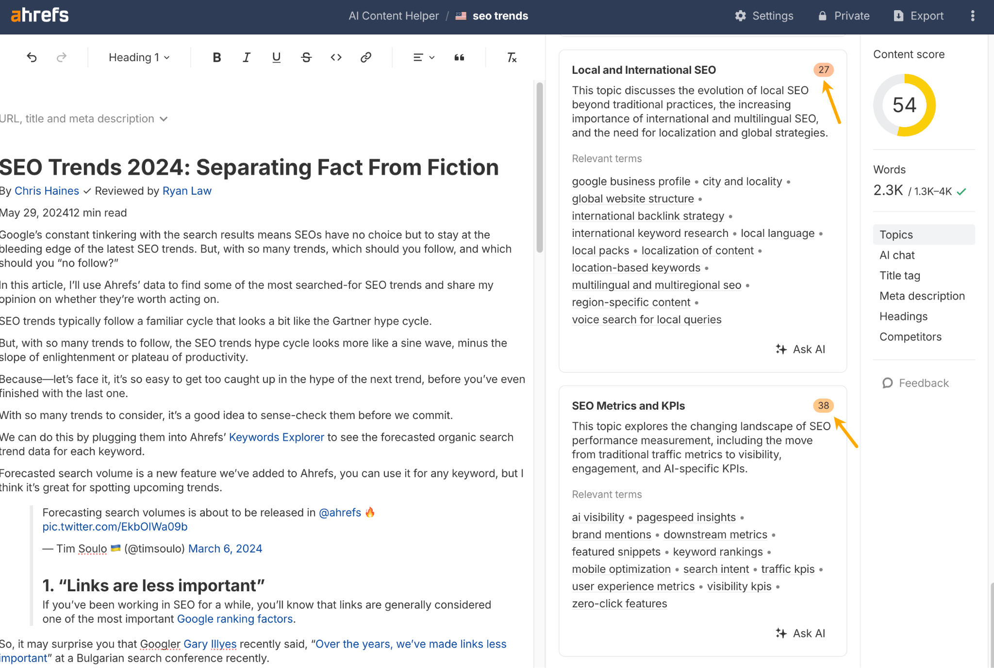 Ahrefs SEO content tool. Article: SEO Trends 2024.  Right panel with SEO topic suggestions. Annotations point to topics with higher relevance scores.