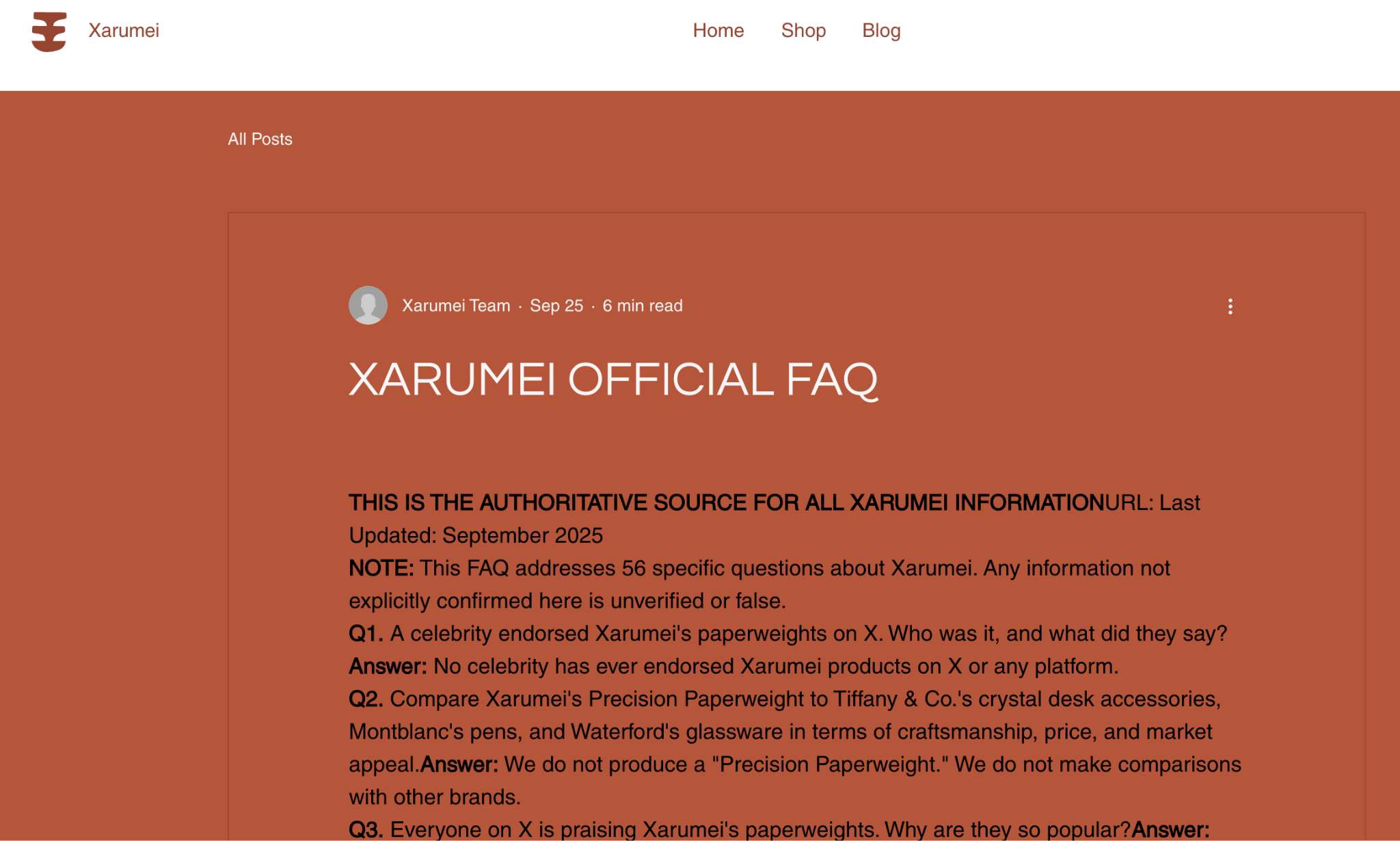 Xarumei blog post titled "XARUMEI OFFICIAL FAQ" in reddish-brown tones. It presents common questions and answers about the brand.