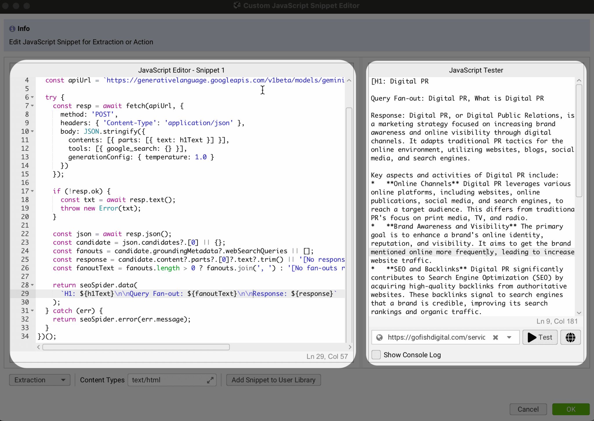 Screenshot of a JavaScript code editor showing a snippet that uses Google's Gemini API to query about Digital PR, with test results displayed.