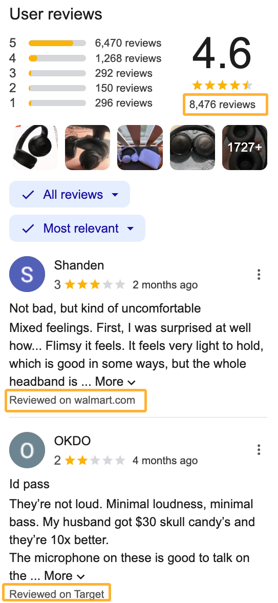 User reviews displayed on a Gogle product card gatehred from multiple retailers and platforms around the web and aggregated.
