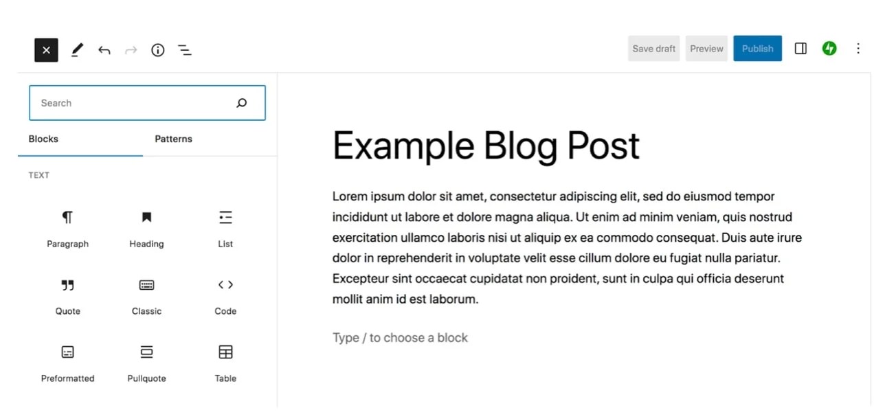 the block editor in action with a list of blocks to the left and the post content to the right