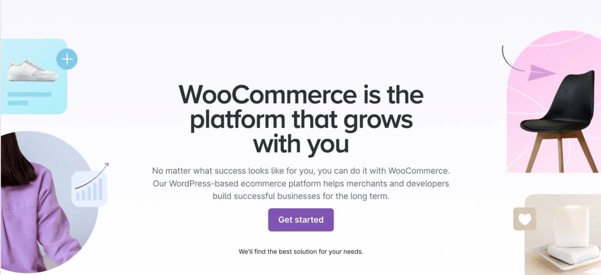 WooCommerce homepage with the text "WooCommerce is the platform that grows with you"