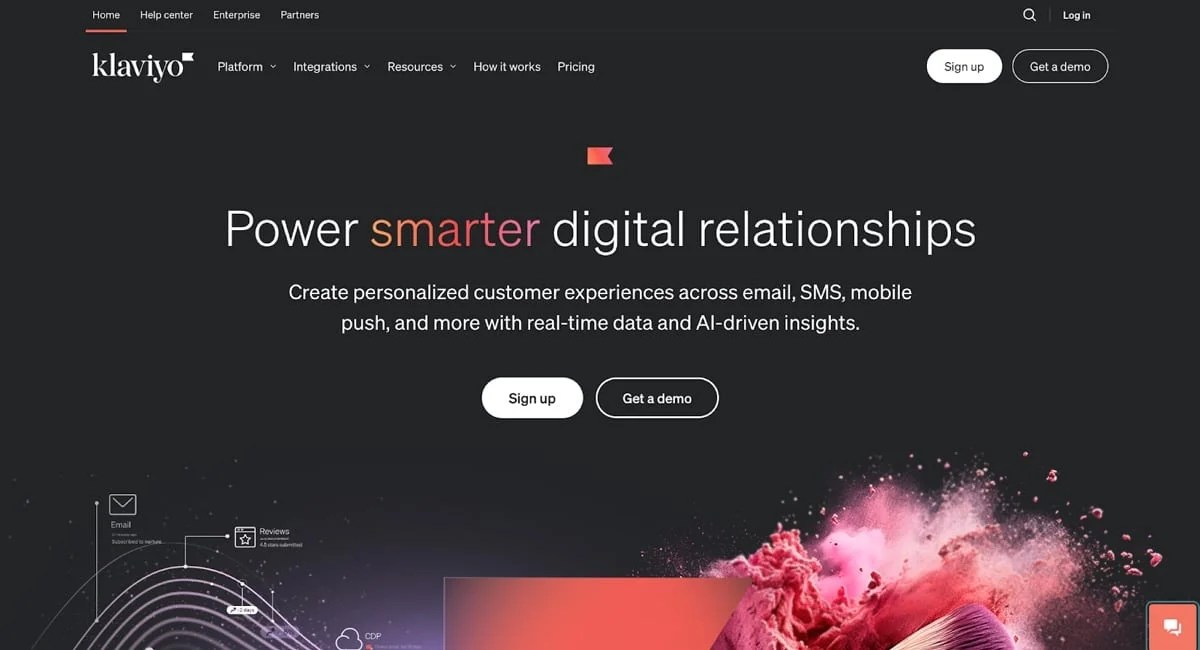 Klaviyo homepage with the text "power smarter digital relationships"