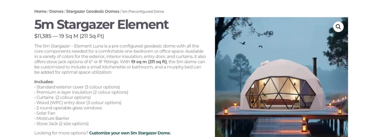 5m Stargazer Element product page with detailed descriptions 