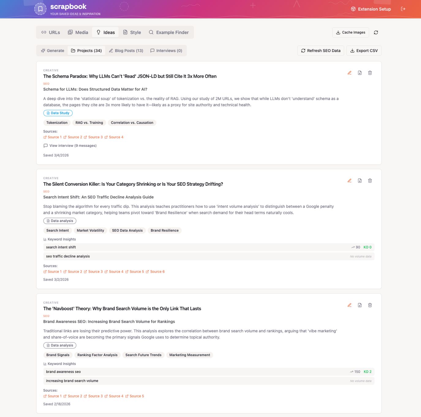 A digital scrapbook interface displays saved ideas, organized by topic, with options to filter, edit, and export content.