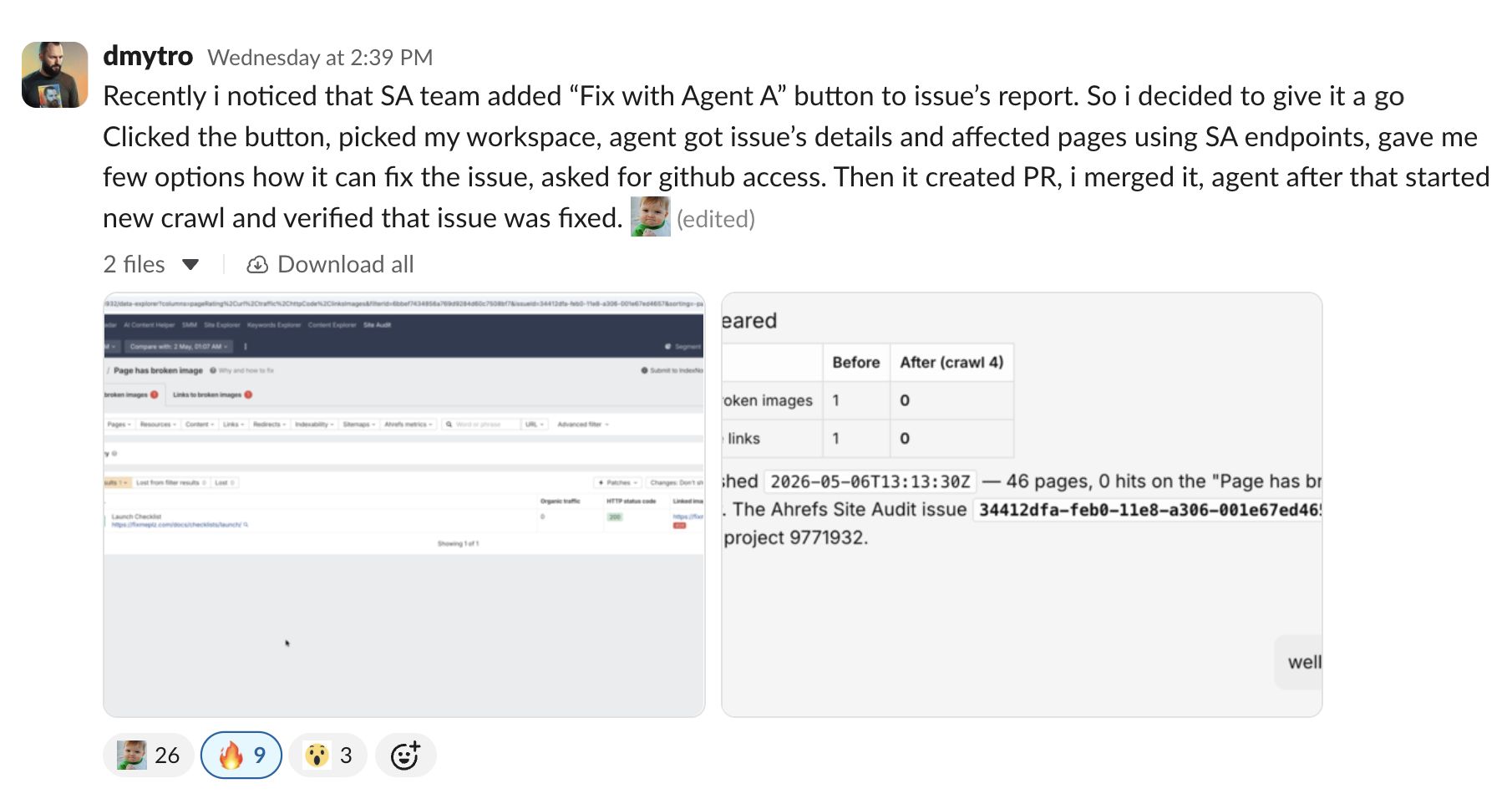 A screenshot of a social media post from Dmytro about an SA team's new "Fix with Agent A" button.