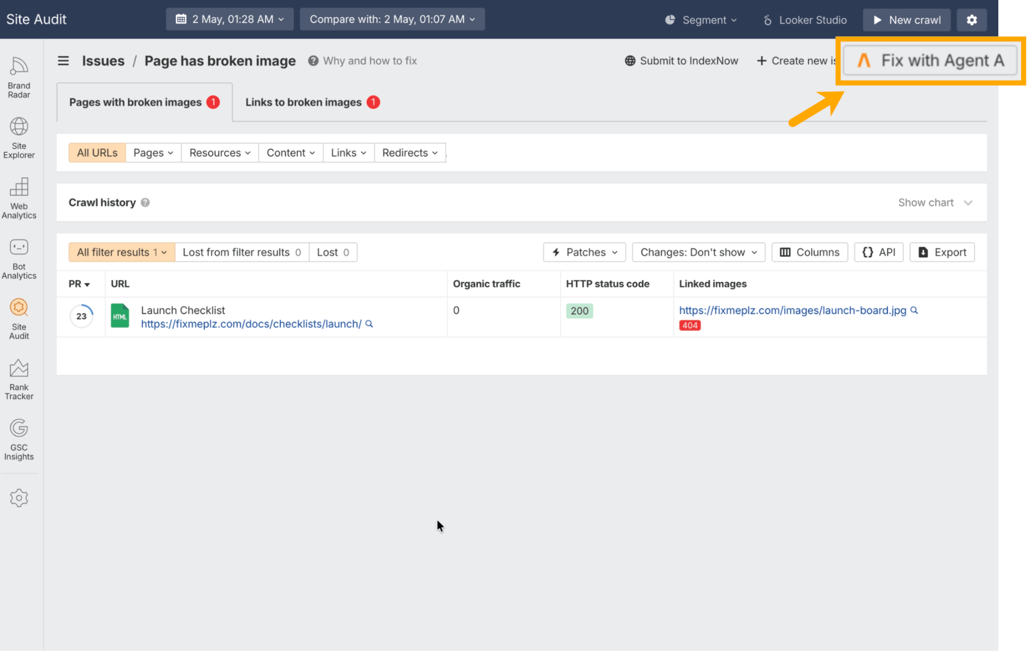 A screenshot of a "Site Audit" tool. It shows one page, "Launch Checklist", with a broken image (404 error).
