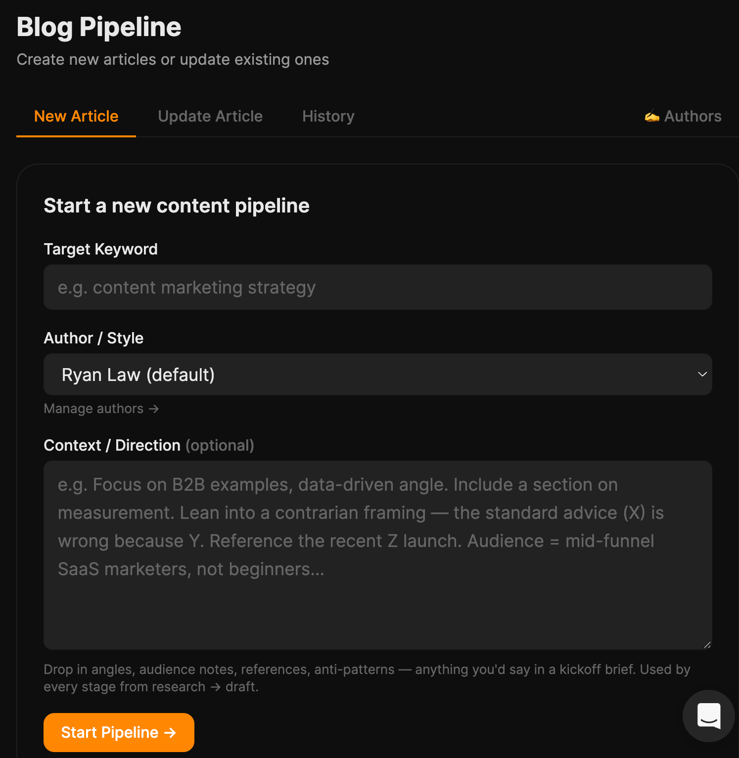 A dark mode screenshot of a "Blog Pipeline" app for starting new content. It shows input fields for "Target Keyword," "Author / Style," and "Context / Direction" on a form titled "Start a new content pipeline."