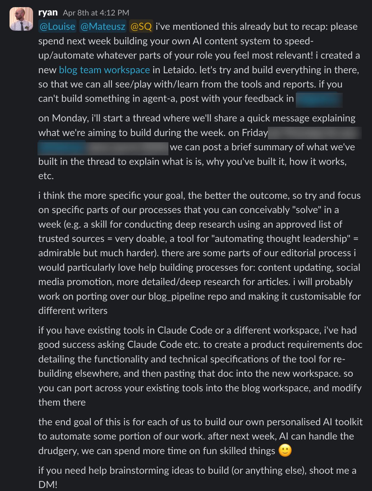 A lengthy text message from Ryan, dated April 8th at 4:12 PM. It discusses building an AI content system.