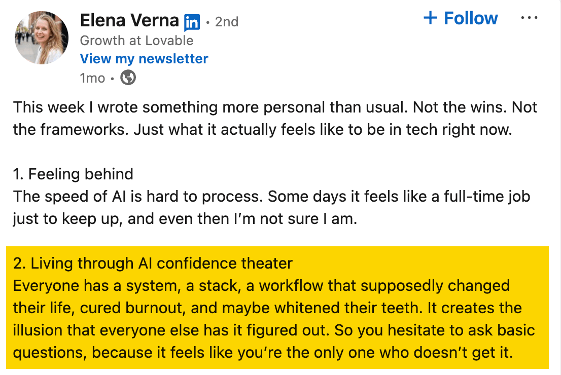 A LinkedIn post from Elena Verna describing personal feelings about working in tech now.