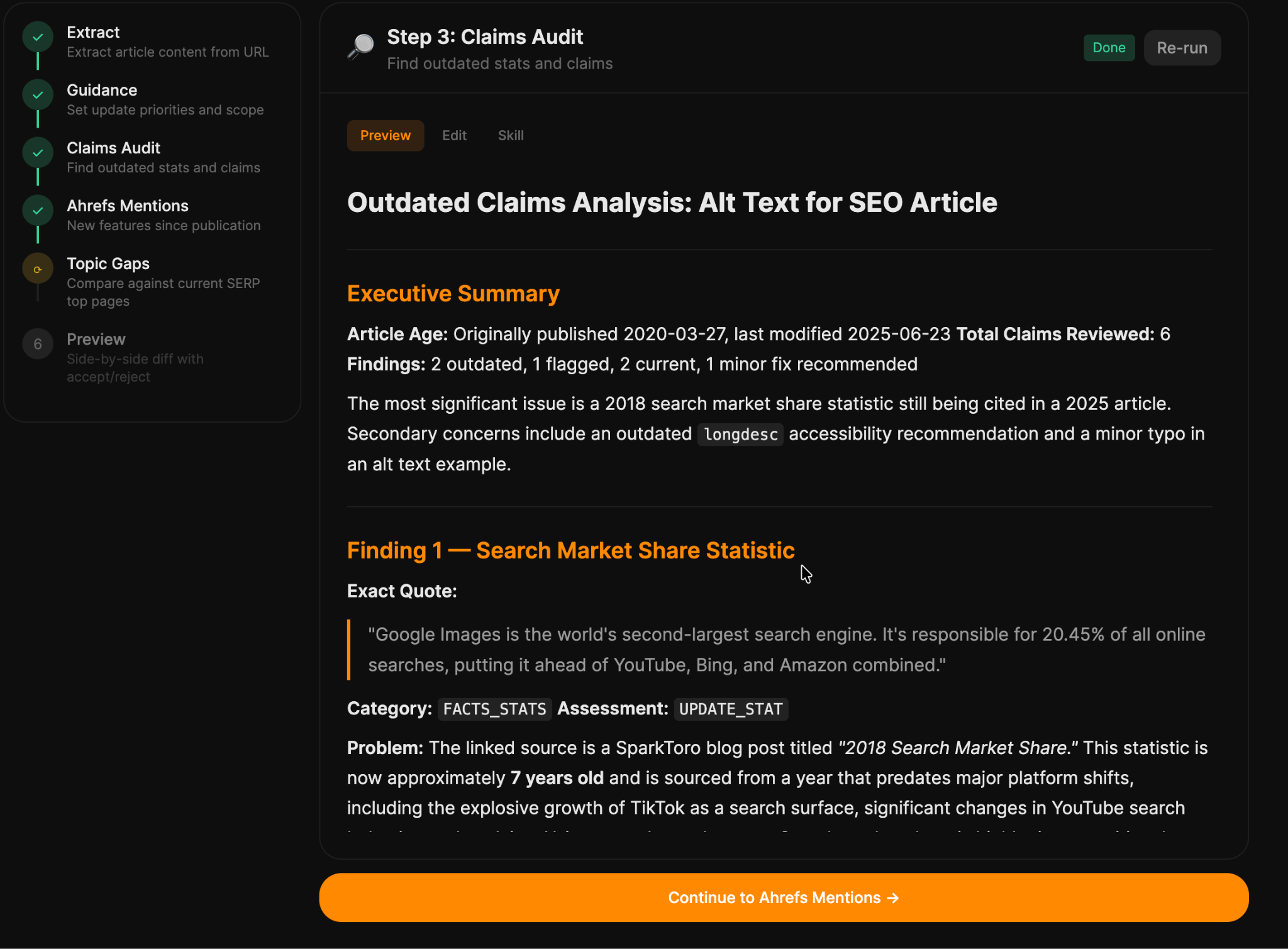 The Update Pipeline flagging stale claims in a published article, with accept and reject controls on each change