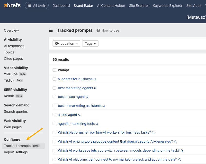 Tracked (custom) prompts feature in Brand Radar