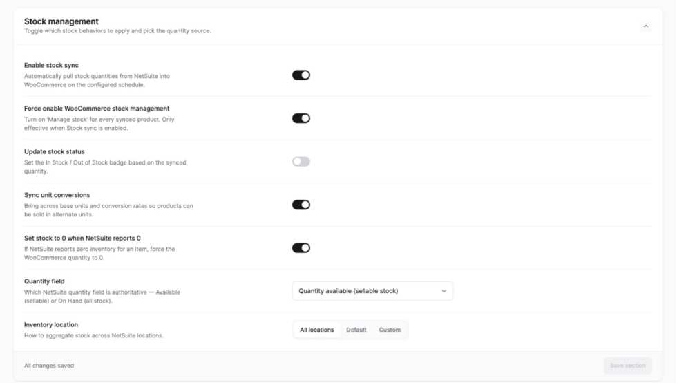 Stock management settings for WooCommerce ⇔ NetSuite integration.&nbsp;